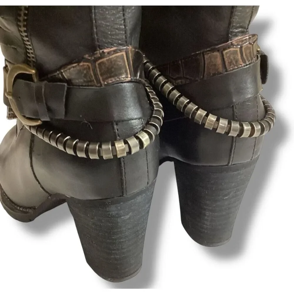 L'Artiste By Spring Step Makos Black and Snakeskin Heeled Boots Booties